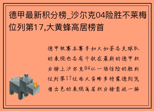 德甲最新积分榜_沙尔克04险胜不莱梅位列第17,大黄蜂高居榜首